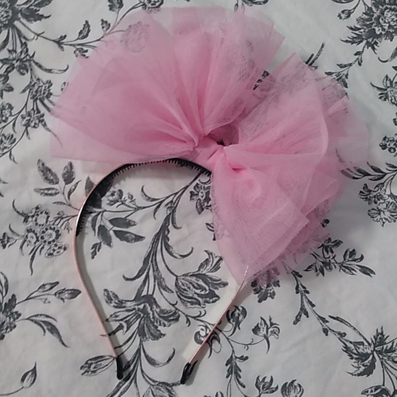 Nwot pink metal tutu bow tulle large avant garde slim thin skinny headband - Picture 2 of 16